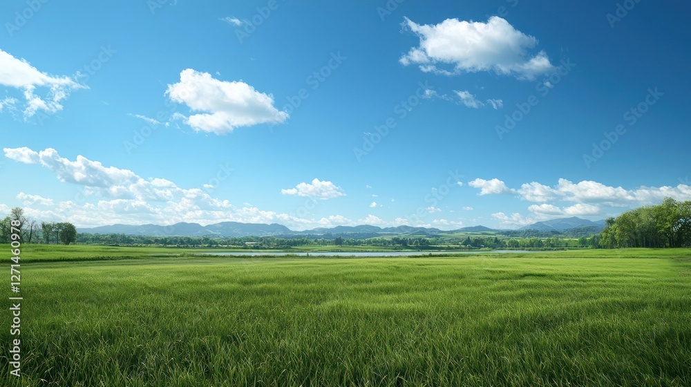 Serene Green Field Landscape Under a Blue Sky with Fluffy White Clouds Serene Green Field Landscape Under a Blue Sky with Fluffy White Clouds