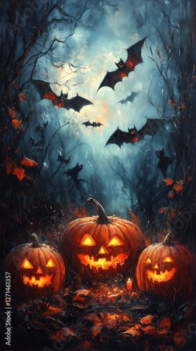 Bats flying above glowing pumpkins in a dark spooky forest during Halloween n...