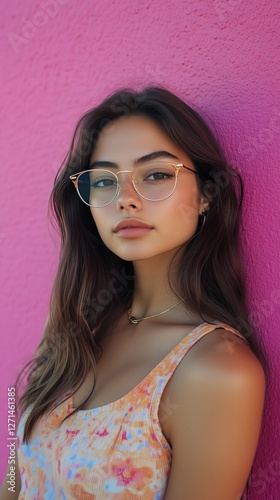 Young woman wearing glasses poses in front of a pink wall during daylight