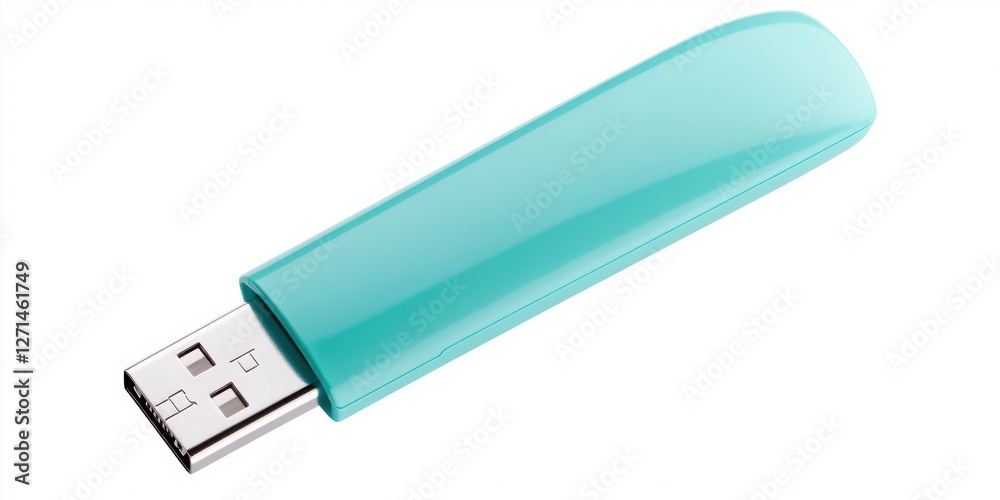 Minimalist teal usb flash drive on white background Minimalist teal usb flash drive on white background