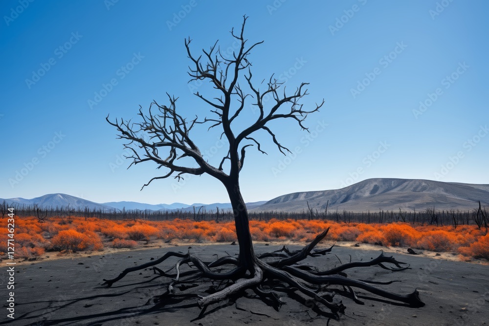 there is a bare tree in the middle of a barren field