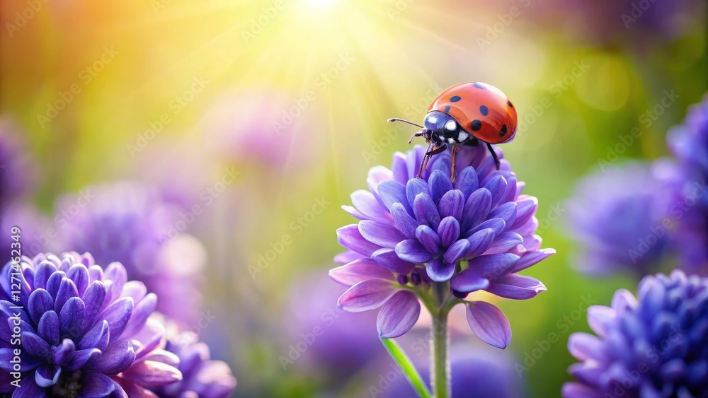 A vibrant ladybug delicately perched atop a radiant purple flower, bathed in the warm glow of sunlight, surrounded by a field of similar blossoms. A vibrant ladybug delicately perched atop a radiant purple flower, bathed in the warm glow of sunlight, surrounded by a field of similar blossoms.