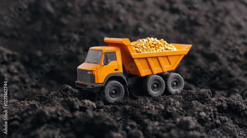 Miniature dump truck loaded with gold ore on dark soil, Gold Price Surge and Investment Concept.