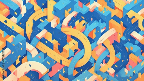 Isometric city roads and buildings, complex urban transport system