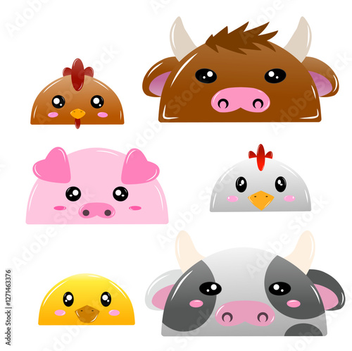 Set of farm animals vector design. cute farm animal character vector, cartoon chiken, cow, pig and duck face, drawing chiken, cow, pig and duck  face easy and simple farm animal vector design
