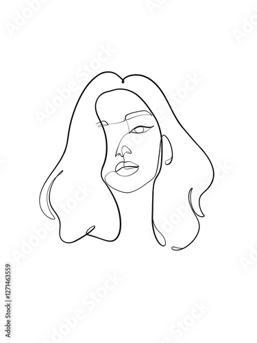 A portrait of a woman is drawn in a one line style. Body expression. Printable art.	