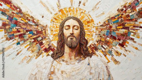 A magnificent mosaic-inspired artwork of Jesus Christ with radiant golden wings, symbolizing divinity and holiness

