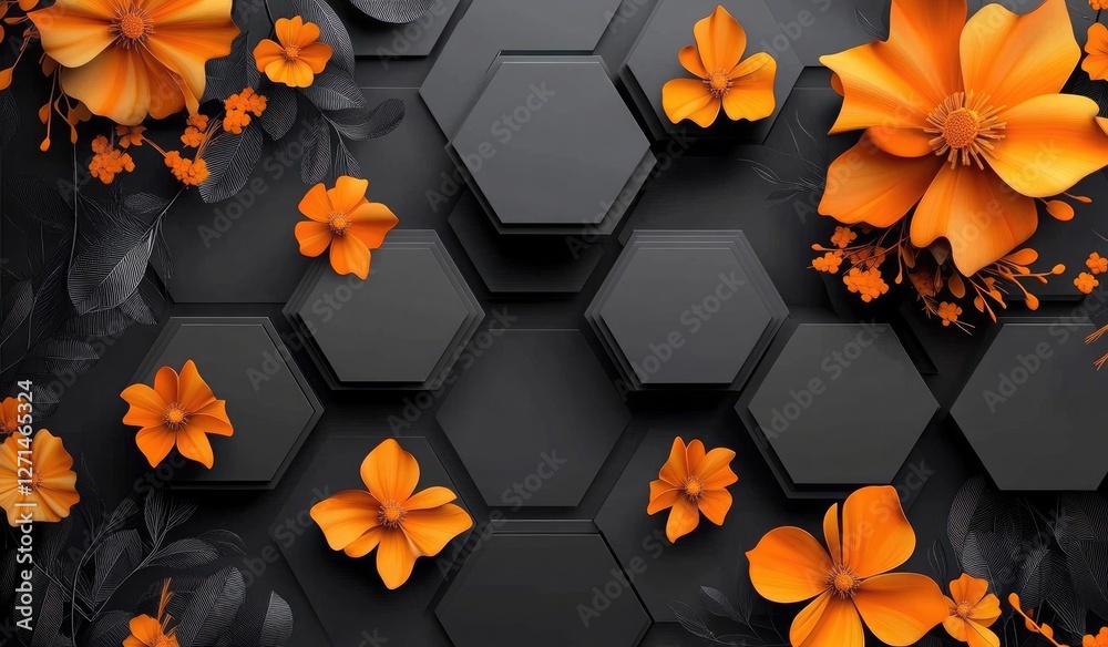 3d wallpaper orange flowers on black hexagon background 3d wallpaper orange flowers on black hexagon background