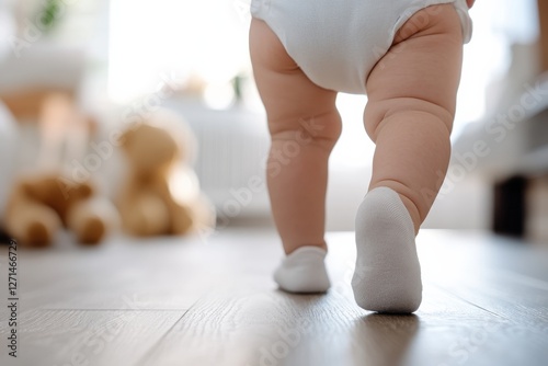 A heartwarming image of a baby taking its first steps on a wooden floor, symbolizing growth, exploration, and the innocence of early childhood moments.