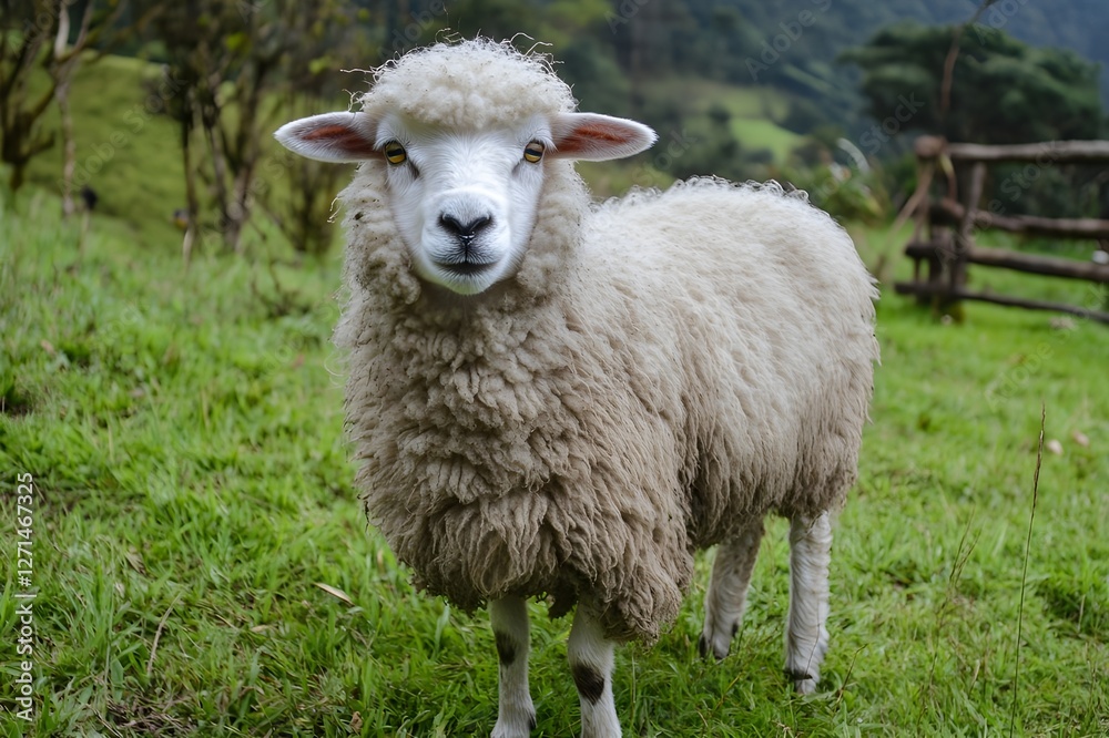 Obraz premium Fluffy sheep in the cool peaks with thick and pure white fur roam the green fields of Cameron Highlands, enjoying the fresh air while nibbling on fresh grass
