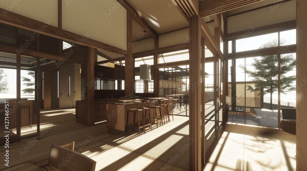 Modern Japanese-Style Home Interior Design with Sunlit Kitchen and Outdoor Views Modern Japanese-Style Home Interior Design with Sunlit Kitchen and Outdoor Views