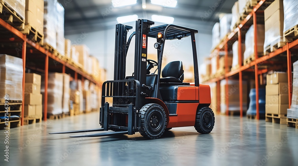 Red forklift waits patiently in brightly lit warehouse aisle. AI Generated Red forklift waits patiently in brightly lit warehouse aisle. AI Generated