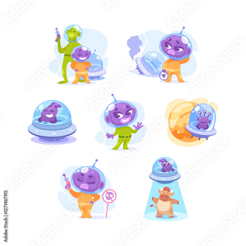 Alien Character in Ufo Shuttle and Spaceship Vector Illustration Set