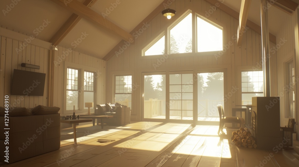 Fototapeta premium Sunrise Illuminates Cozy Cabin Living Room