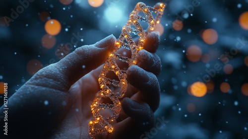 Glowing DNA helix in a snow-covered hand, winter bokeh background. photo