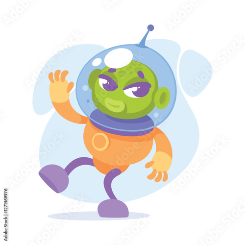 Green Alien Character in Helmet Dance Vector Illustration