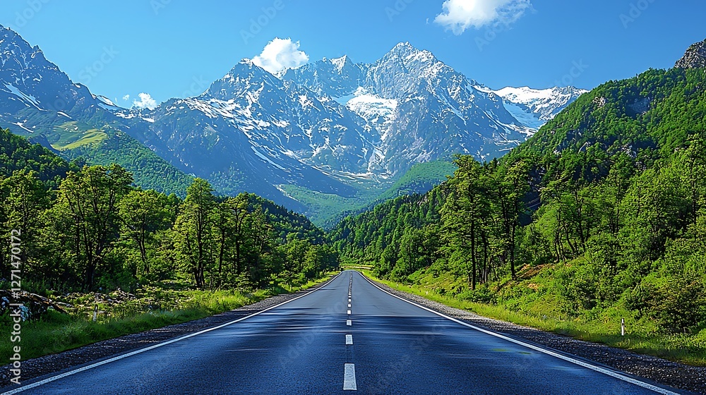 Fototapeta premium A wide highway with verdant mountains and a clear blue sky, featuring tall trees and smooth asphalt. 