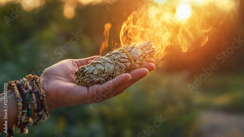 Hand holding burning sage bundle against sunset for smudging ritual, perfect for spiritual blogs, wellness websites, metaphysical blogs, spiritual practices and holistic healing websites