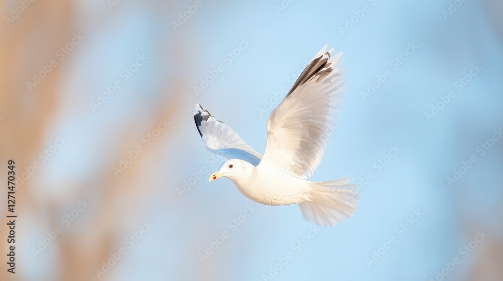 White seagull in flight, winter sky, blurred trees White seagull in flight, winter sky, blurred trees