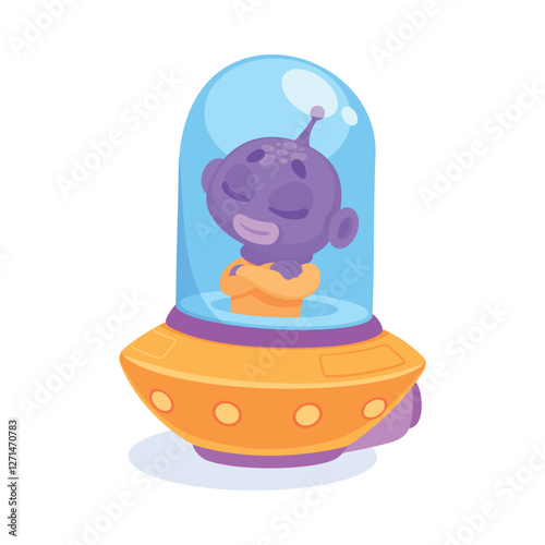 Purple Alien Character in Ufo Shuttle Vector Illustration