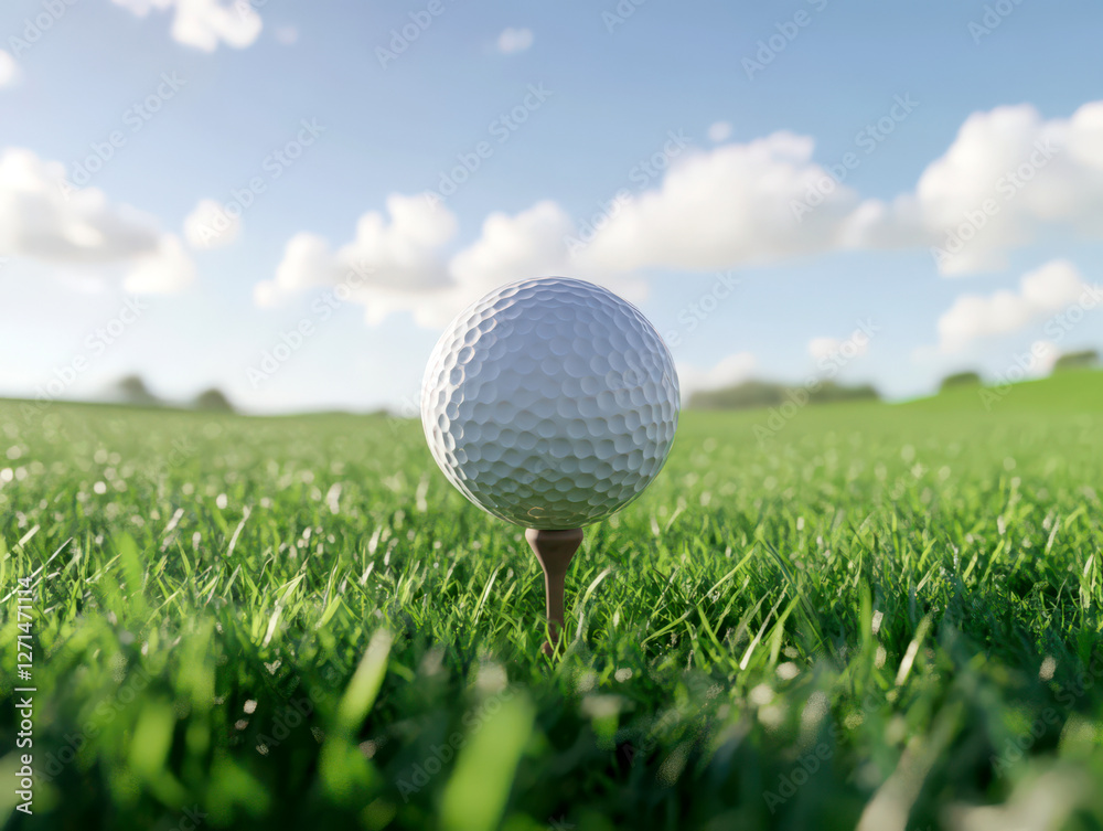 Close-Up of Golf Ball Teed on Fresh Green Grass Under Clear Sky Background Close-Up of Golf Ball Teed on Fresh Green Grass Under Clear Sky Background