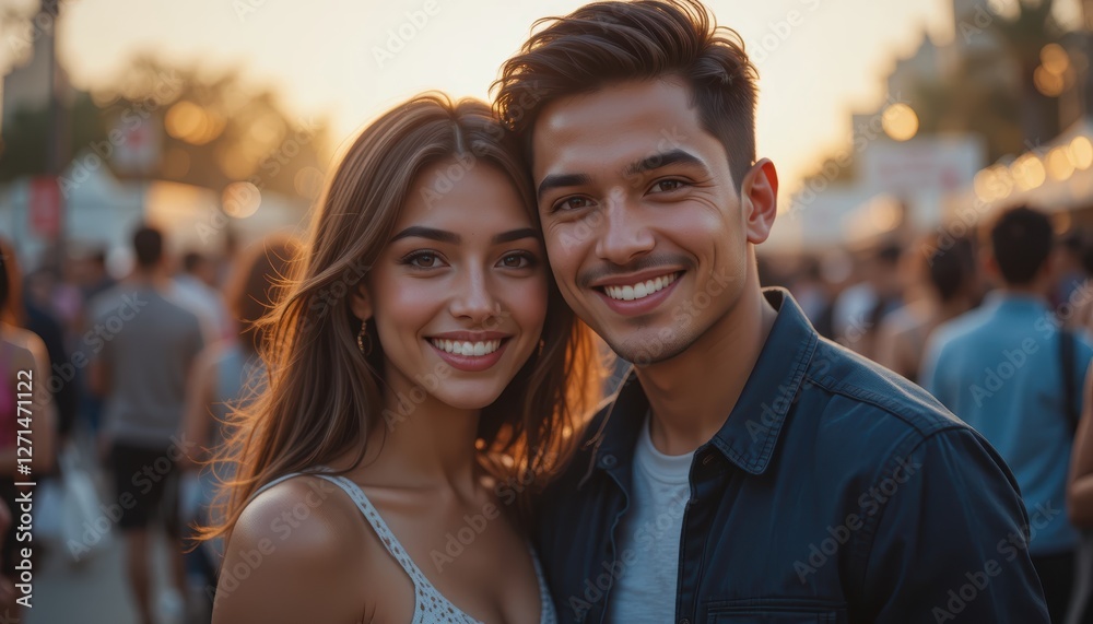 Smiling couple posing together at a lively outdoor festival during sunset with warm bokeh background in soft focus Smiling couple posing together at a lively outdoor festival during sunset with warm bokeh background in soft focus