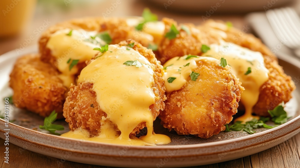 Golden, crispy fried nuggets rest on a plate, generously topped with gooey melted cheese for a rich and savory treat. Golden, crispy fried nuggets rest on a plate, generously topped with gooey melted cheese for a rich and savory treat.
