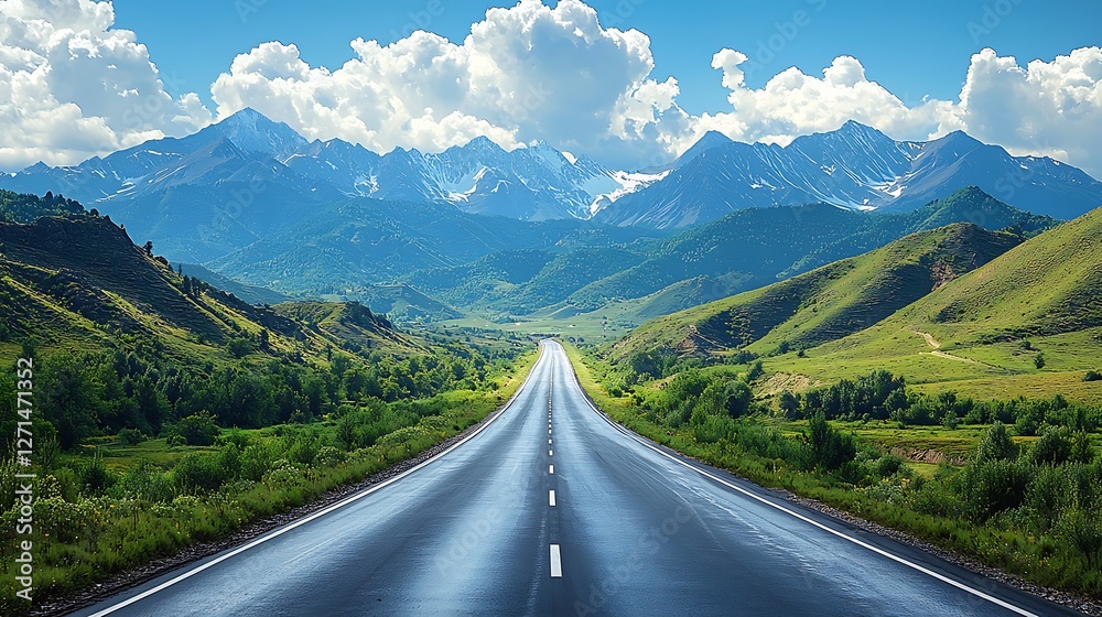 Naklejka premium An expansive highway and sunny day with verdant mountains, featuring puffy white clouds and rolling hills. 
