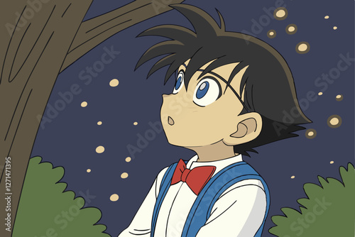  Anime boy, messy black hair, bright blue eyes, surprised expression, white shirt, red bow tie, blue vest, leaning against tree, glowing particles, magical atmosphere, night scene, detailed illustra