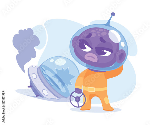 Purple Alien Character in Helmet with Destroyed Shuttle Vector Illustration