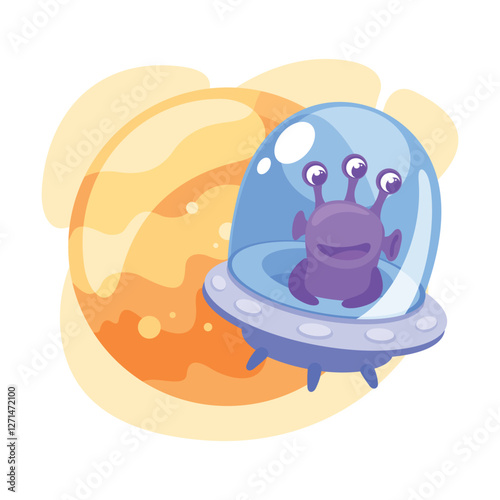Purple Alien Character in Ufo Shuttle Vector Illustration