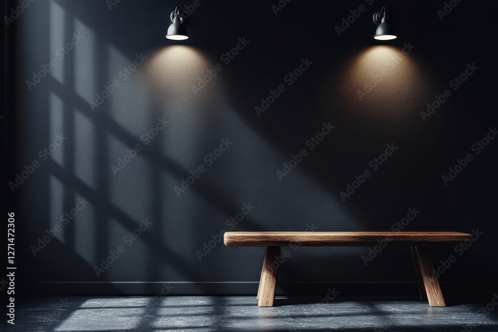 Fototapeta premium Minimalist wooden bench, dark wall, dramatic lighting, shadows, simple elegance, modern interior design, peaceful ambiance.