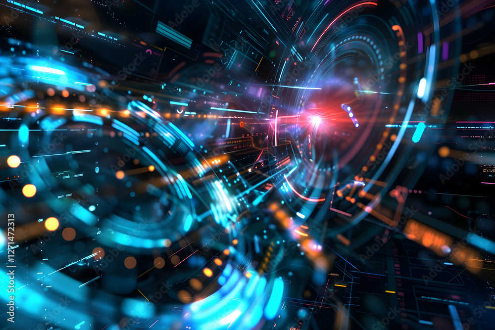 Obraz premium Futuristic abstract digital design showcasing vibrant light trails and circular patterns in a tech-inspired environment