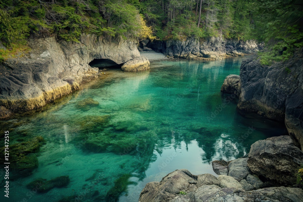 Naklejka premium A serene photograph of a secluded, unspoiled coastal inlet with calm, crystal-clear waters and rocky cliffs.