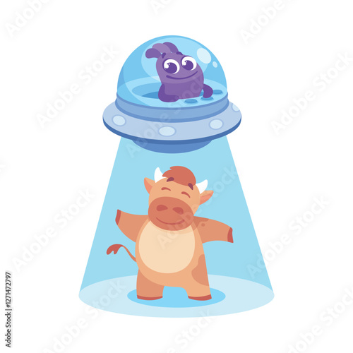 Purple Alien Character in Ufo Shuttle Take Cow Vector Illustration