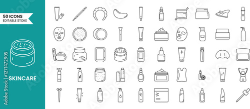 Skin care icon set in line style. Moisture cream, acid, anti wrinkle serum, ceramide, exfoliate, serum, sunscreen and more. Vector illustration