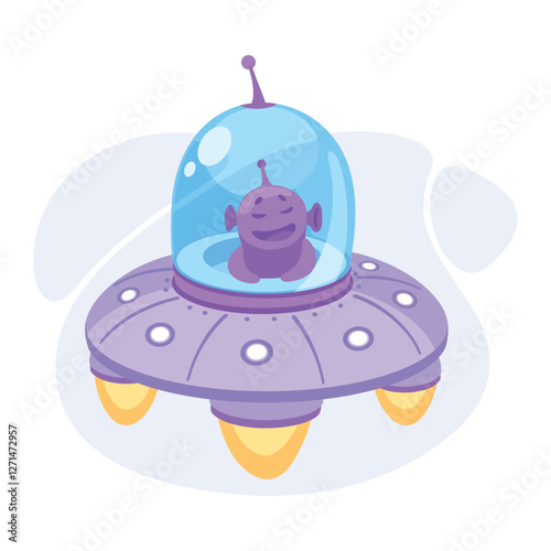 Purple Alien Character in Ufo Shuttle Vector Illustration