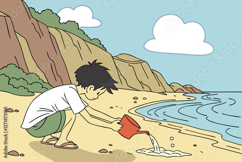  A digital illustration of a young boy playing on a beach. The boy has short, messy black hair and is wearing a white t-shirt and green shorts. He is crouching on the sand, scooping up water with hi