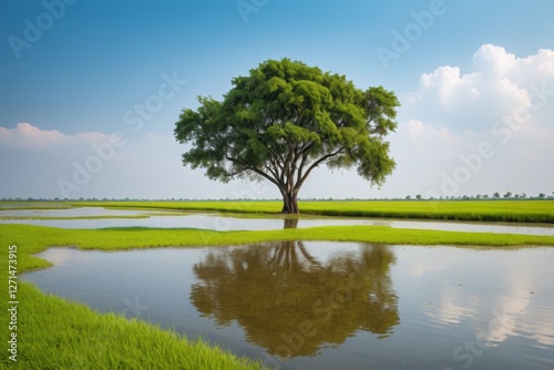 there is a tree that is standing in the water