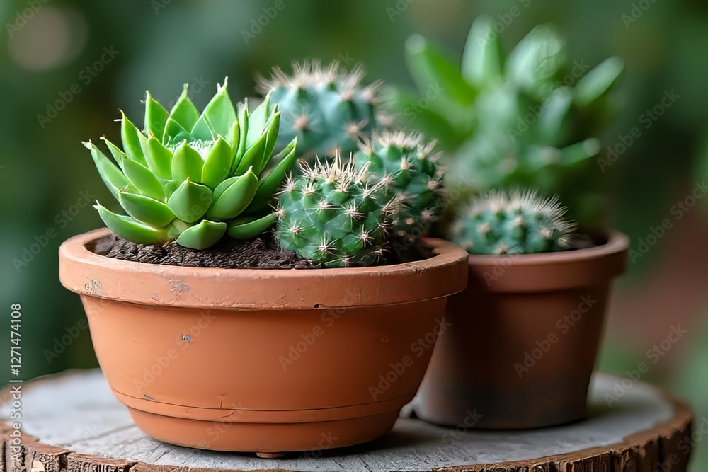 Assorted Succulents and Cacti in Terracotta Pots on Wooden Stump Assorted Succulents and Cacti in Terracotta Pots on Wooden Stump
