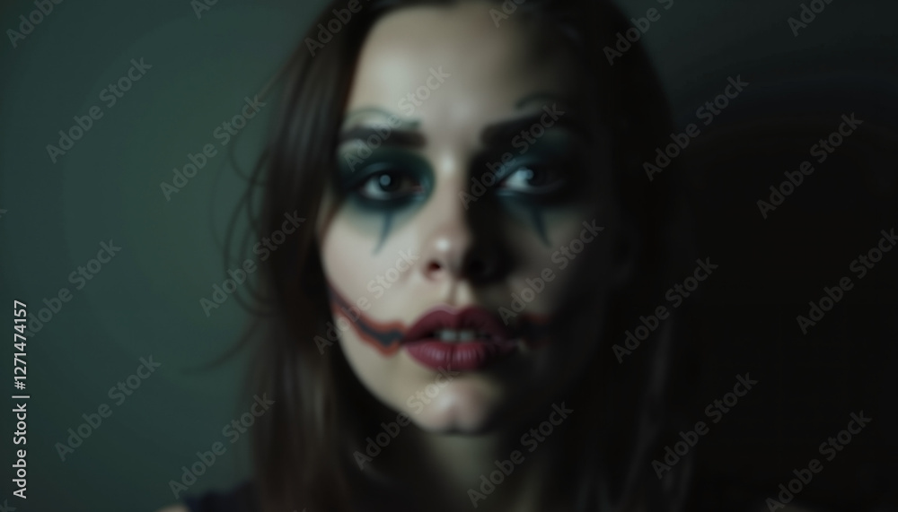 Emotional expression with blurred makeup, dramatic ambiance Emotional expression with blurred makeup, dramatic ambiance