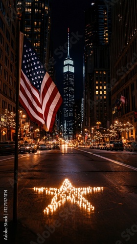 Patriotic Cityscape Night Illumination Glowing Star and American Flag Freedom and Remembrance photo