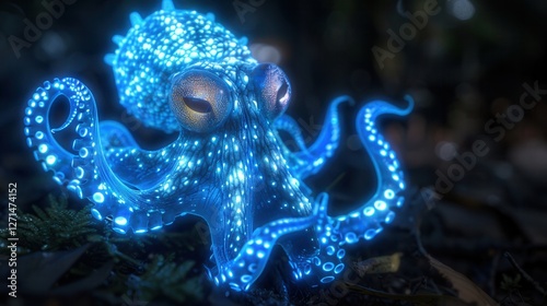 A vibrant blue octopus illuminated with glowing patterns, showcasing intricate details and a captivating presence in a mystical setting. photo