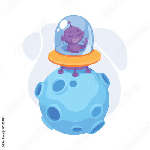 Purple Alien Character in Ufo Shuttle Vector Illustration