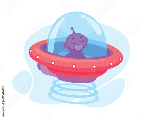 Purple Alien Character in Ufo Shuttle Vector Illustration