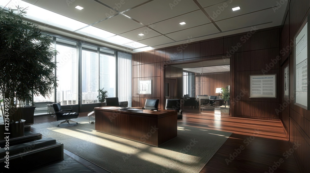 Naklejka premium Modern Dark Wood Office Interior with City View and Sunlight