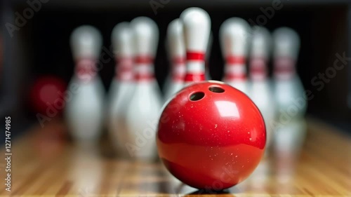 Bright Red Bowling Ball Rolling Towards Clear White Pins