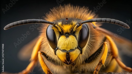 Intense gaze of the Hornet: A close-up, macro view captures the imposing stare of a hornet, revealing its intricate features, powerful mandibles, and vibrant colors.