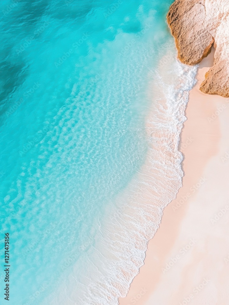 Obraz premium Aerial view of pristine beach with turquoise waters and golden sands