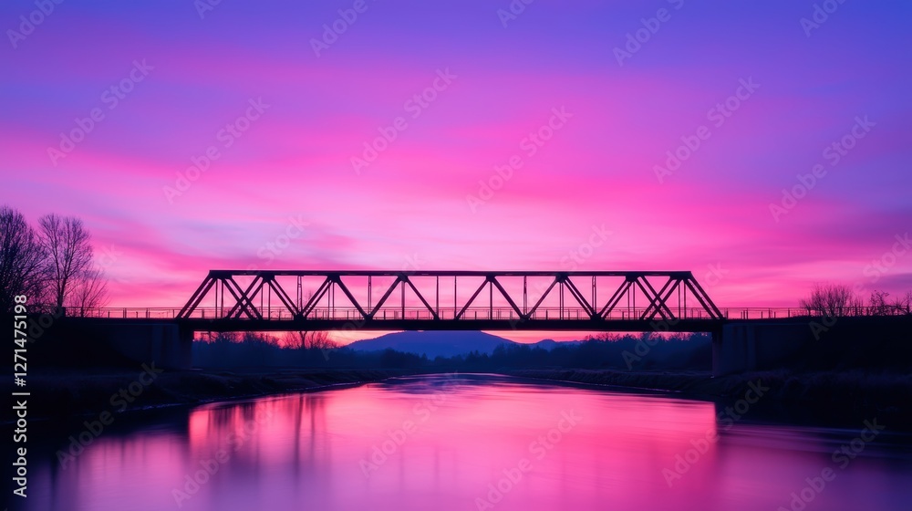 A tranquil scene of a bridge silhouetted against a vibrant, colorful sunset reflecting in the water below. A tranquil scene of a bridge silhouetted against a vibrant, colorful sunset reflecting in the water below.